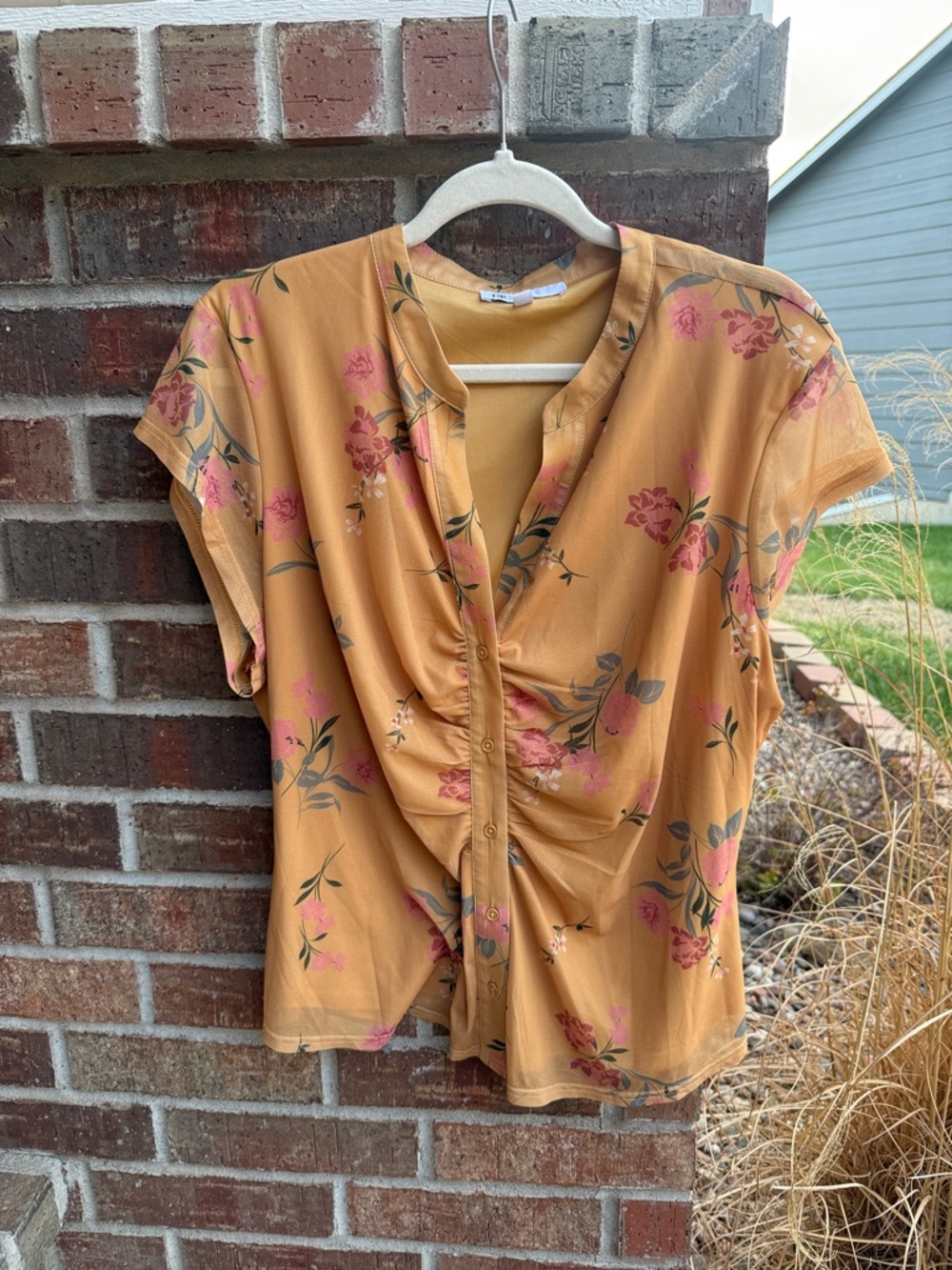 DR2 Ladies XXL Mustard Floral Button-Front Blouse
